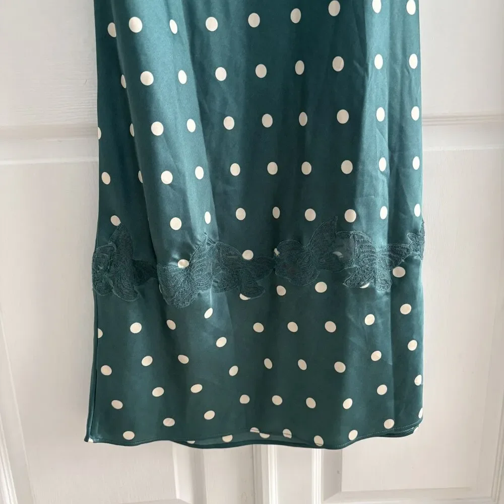 Free People Womens Butterfly Babe Polka Dot Sz Small Green Satin Maxi Dress EUC
